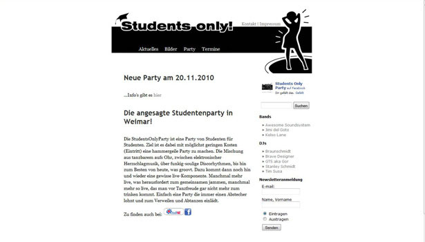 ein Bild der Startseite der StudentsOnlyParty